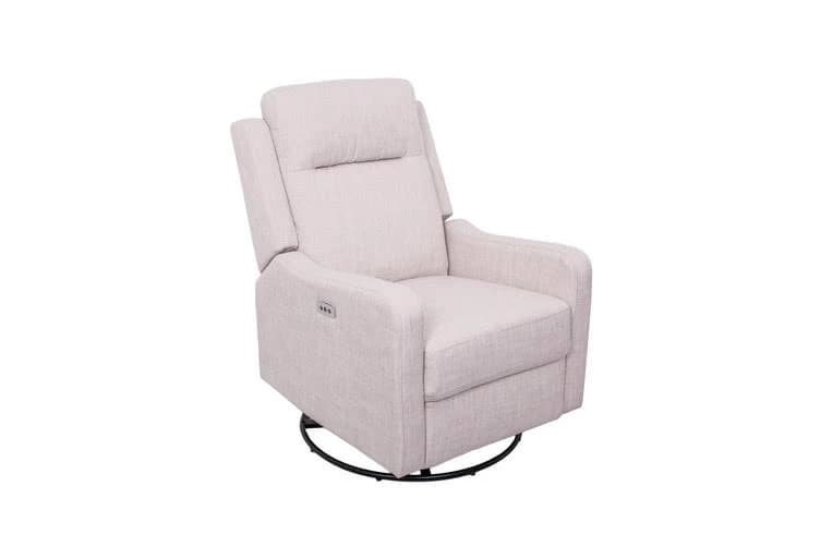 A compact cream fabric recliner with swivel base
